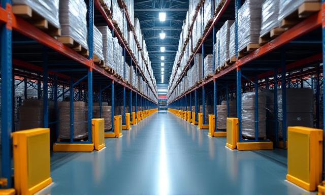 Large scale warehouse storage facility interior with racking