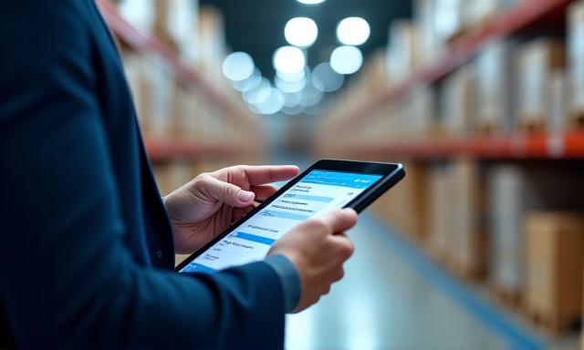 Logistics professional analyzing shipping data