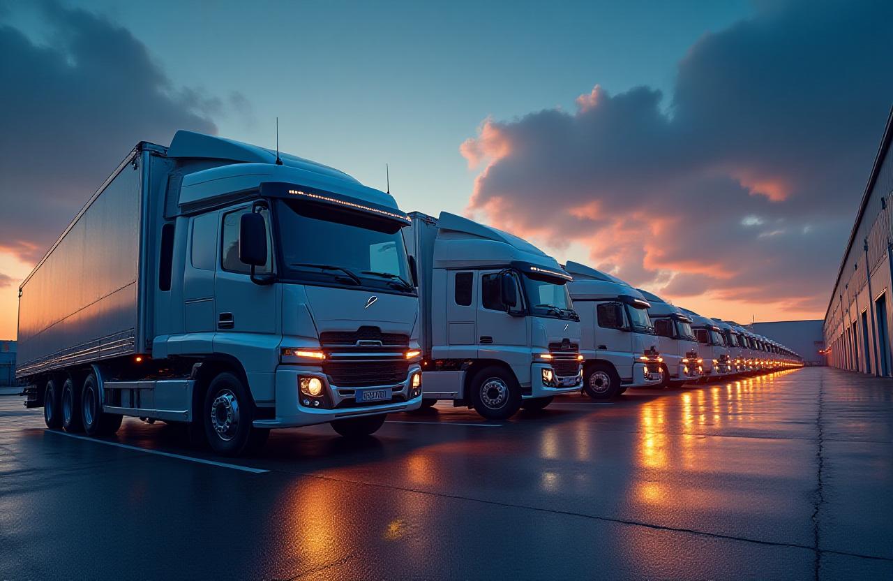 Fleet of semi-trucks on highway at dusk